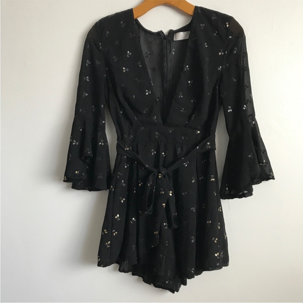 RUMOR BLACK PLAYSUIT CREPE LONG SLEEVE CHERRY WOMENS SMALL - Picture 1 of 12